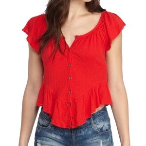 Free People Mint Julep Crop Top Cherry Red Ruffle Button Front XS Summer Beach